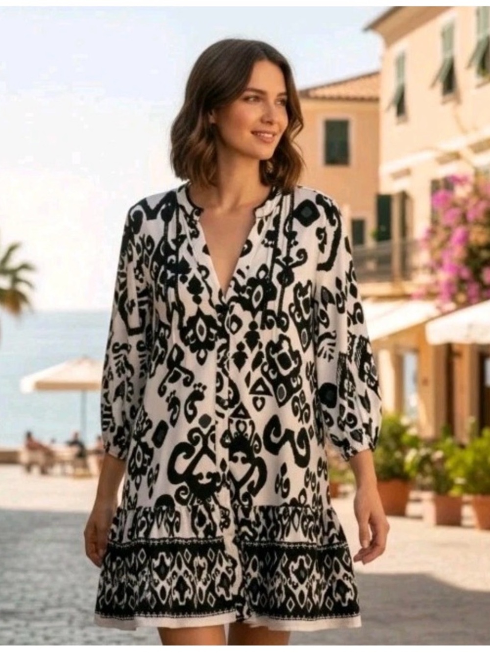 Zara Black & White Boho Mini Dress Size
L Great condition . Linen Blend